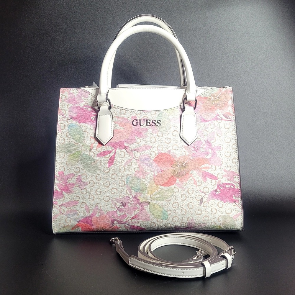 Guess White Multi Pastel Pink Green Watercolor Floral G Monogram Handbag NWT